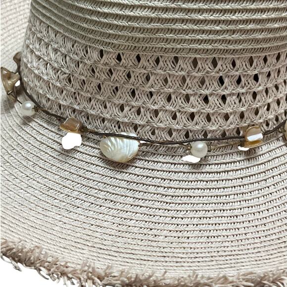 Scala Collezione Sun Beach Fringed Rim Hat Shell Band EUC